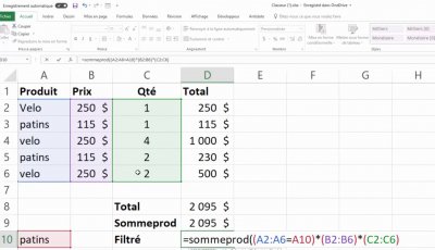 Excel - fonction Sommeprod avec un filtre